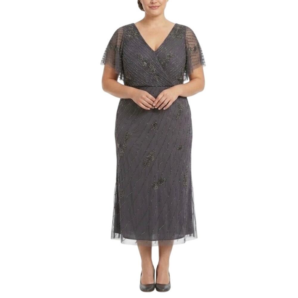 Adrianna Papell Beaded Short Flutter Sleeve Midi Sheath Gown Gray Size 14 Dress